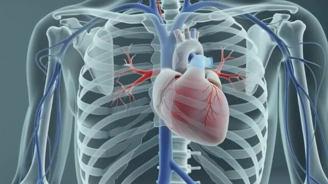 3D Medical Animation of Human Chest Showing Beating Heart and Cardiovascular System. Translucent Body with Arteries and Veins for Blood Pressure and Heart Health Visualization.