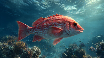 A vibrant red snapper swimming near colorful coral reefs in clear tropical ocean water, showcasing marine wildlife and underwater beauty.