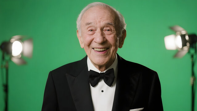 Elderly man in a tuxedo smiling against a green screen backdrop with studio lighting - Powered by Adobe