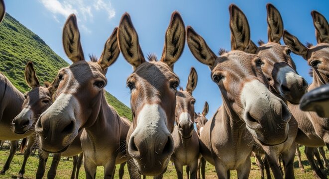 A Herd of Curious Donkeys Gathered Together Outdoors
