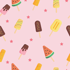  Cartoon seamless pattern with colorful ice creams and stars. Summer Frozen Desserts in Flat Vector Style. Summer background.