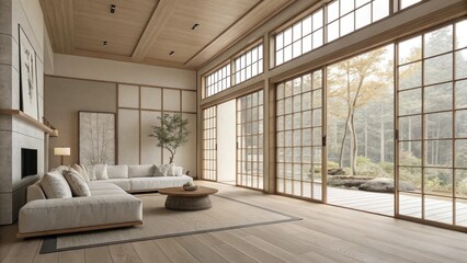 Fototapeta premium Tranquil Japandi Living Room with Forest View and Sliding Shoji Doors