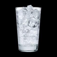 Refreshing Clear Sparkling Water with Ice Cubes in a Glass Against a Black Background