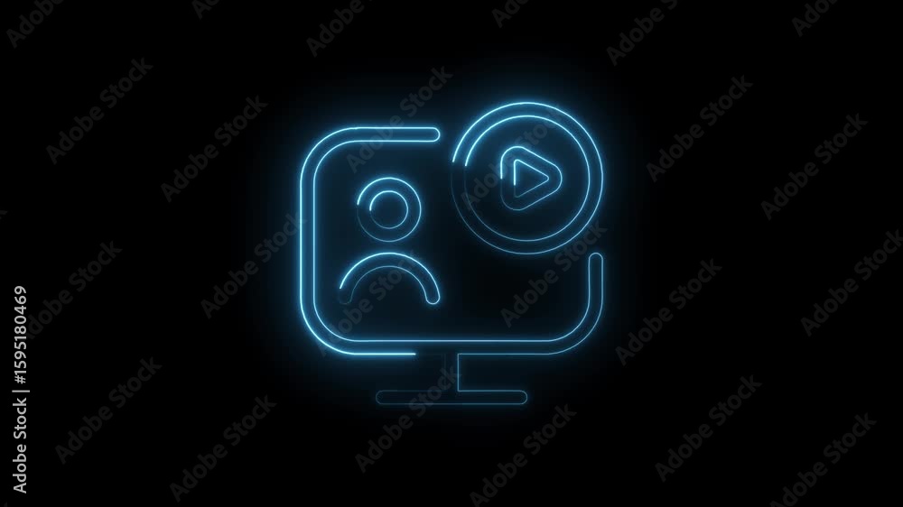 Poster glowing blue neon sad face icon on computer screen with play button symbol isolated on black backgro