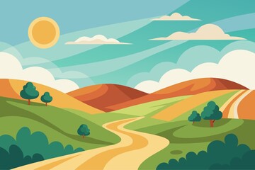 Cartoon Landscape with Rolling Hills Trees Winding Road and Sunny Sky