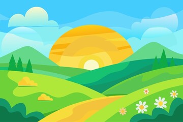 Obraz premium Vibrant Cartoon Landscape with Rolling Hills Sun Flowers and a Path