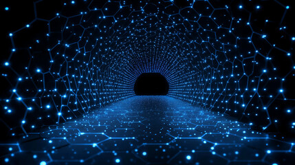 Dynamic digital tunnel illuminated by glowing blue hexagonal network connections, symbolizing secure data pathways, technological innovation, and interconnected cyberspace