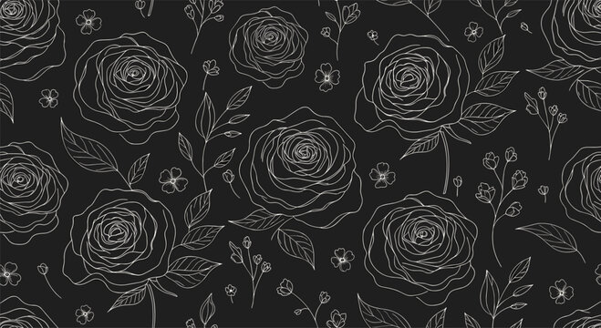 Elegant black and white floral pattern design with intricate rose motifs and delicate leaves for textiles and decorative applications