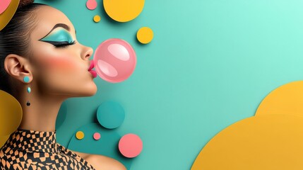 Woman with bold eyeliner blowing pink bubblegum, patterned dress outlined in thick black lines, pop art style emphasizing her carefree energy.