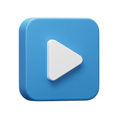 Modern 3d blue square button with white play icon isolated on transparent background