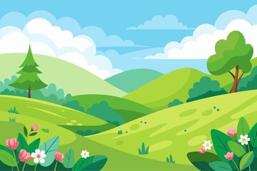 Fototapeta premium Cartoon Illustration of a Green Landscape with Hills Trees and Flowers