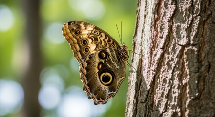 Beautiful Owl Butterfly Resting on a Textured Tree Trunk Amidst Lush Greenery