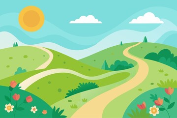 Obraz premium Cartoon Landscape with Hills Flowers Path and Sun on a Sunny Day