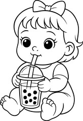Adorable Baby Drinking Bubble Tea with Straw – Black and White Hand Drawn Cute Character Illustration