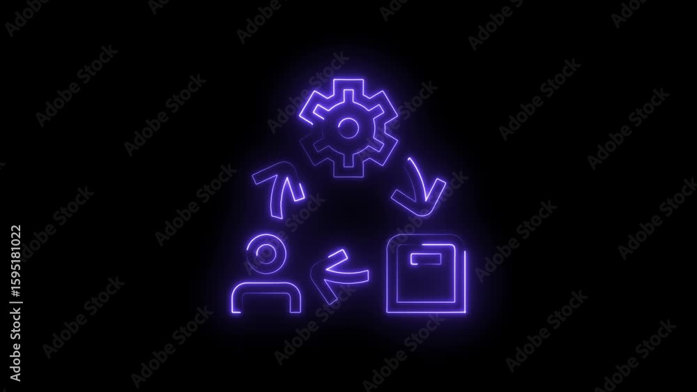 Poster glowing neon purple icon representing workflow process automation with gear symbol person icon and d