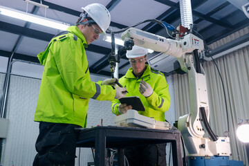 Engineers collaborate on robotic technology in a modern workshop setting during daytime hours