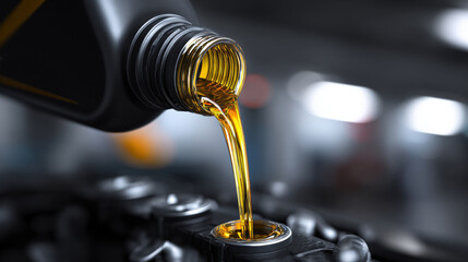 High-quality motor oil being poured from a black plastic bottle into an engine, close-up shot, golden oil stream, car workshop background clean and modern environment, , advertising style.