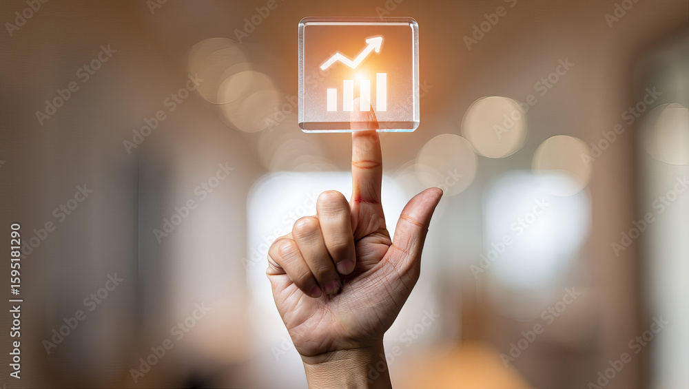 Poster ascending success a finger tapping a virtual graph icon symbolizing growth and progress in a blurred