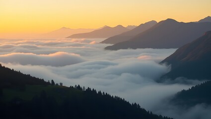 Mountain range silhouetted against a sunset with a sea of clouds below