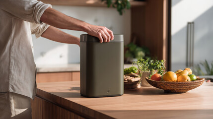 man placing compost bin in modern kitchen, in a lifestyle style, conveying eco-awareness. 