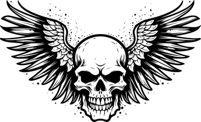 Fototapeta premium Skull With Wings | Black and White Vector illustration