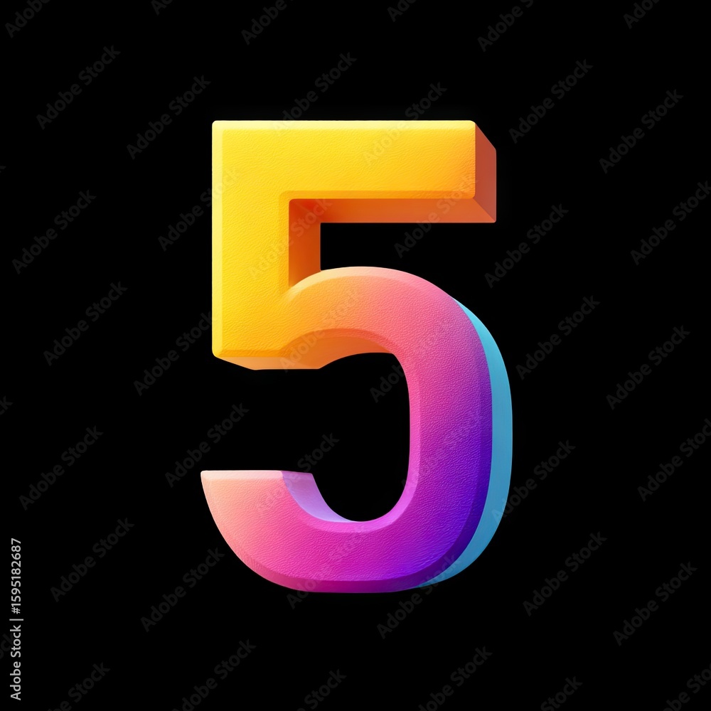 Aufkleber colorful number five in bold 3d design with gradient photo on black background for creative concepts
