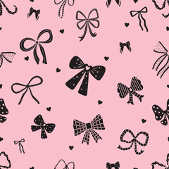 Seamless pattern with redvarious cute bow knots, gift ribbons. Hand drawn vector illustration. Can be used in textile industry, paper, background, scrapbooking.