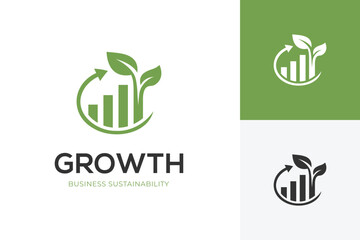 Sustainable growth logo with bar chart leaves and circular arrow up for eco business, environmental responsibility, and long-term business success. vector graphic