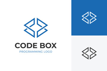 Modern Coding box logo with abstract geometric code symbol for software development, tech companies, coding platforms, software houses. vector graphic