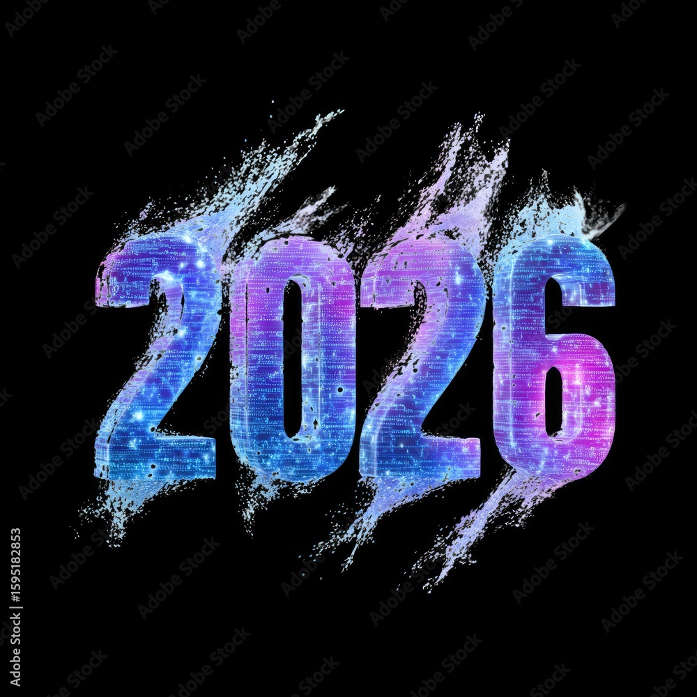 Poster artistic representation of the year 2026 with colorful digital effects and textured background