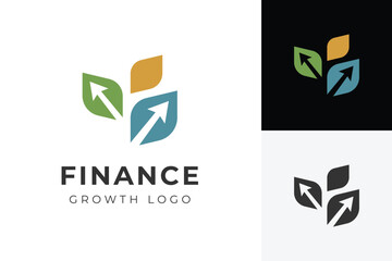 Finance Growth logo with leaves and upward arrows for investment success, financial development, sustainable investment, and business success. vector graphic