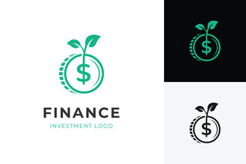 Finance logo with dollar coin and green sprout symbol for investment growth, sustainability, and wealth development. vector graphic