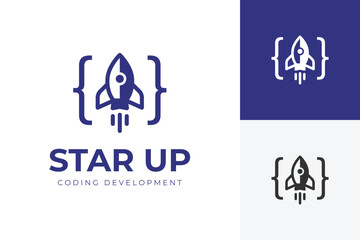Coding Development logo with rocket launch and curly braces symbol for development, tech innovation, software development, and fast growth vector graphic concept