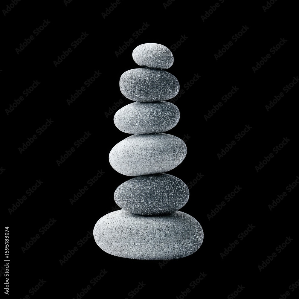 Poster stacked gray pebbles in a minimalist style against a dark background for tranquility and balance