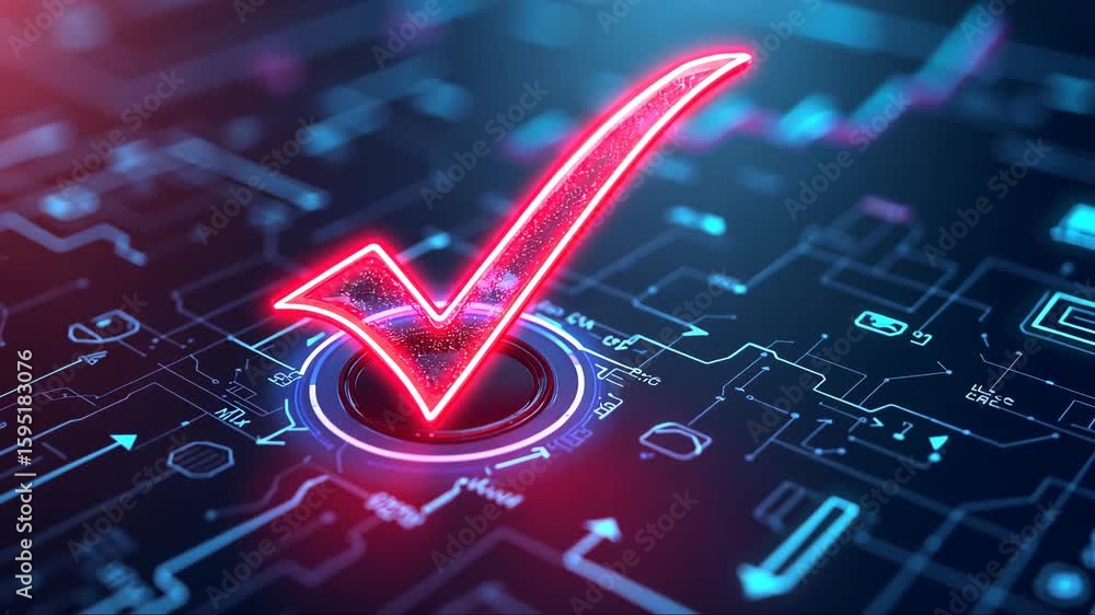 Poster red check mark is glowing on a blue background. concept of approval or validation, as the check mark