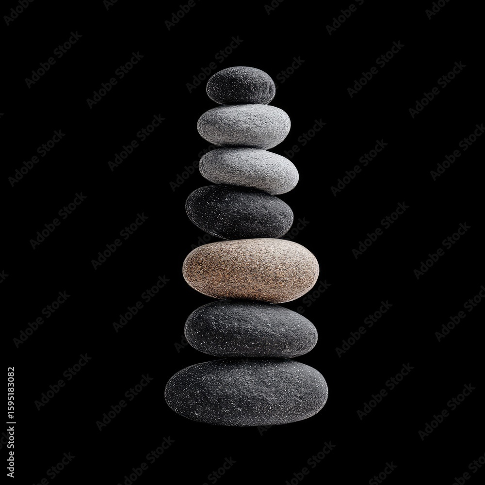 Poster balanced tower of smooth stones displaying harmony and tranquility on a dark background