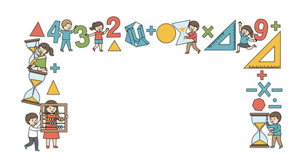 Adorable children learning math and numbers with educational symbols and shapes creating a festive decorative frame