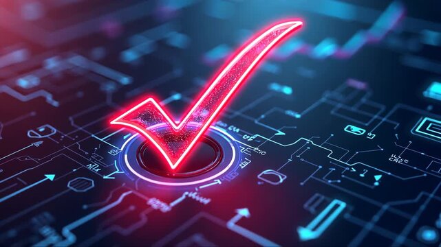 Red check mark is glowing on a blue background. Concept of approval or validation, as the check mark is often used to indicate that something is correct or satisfactory
