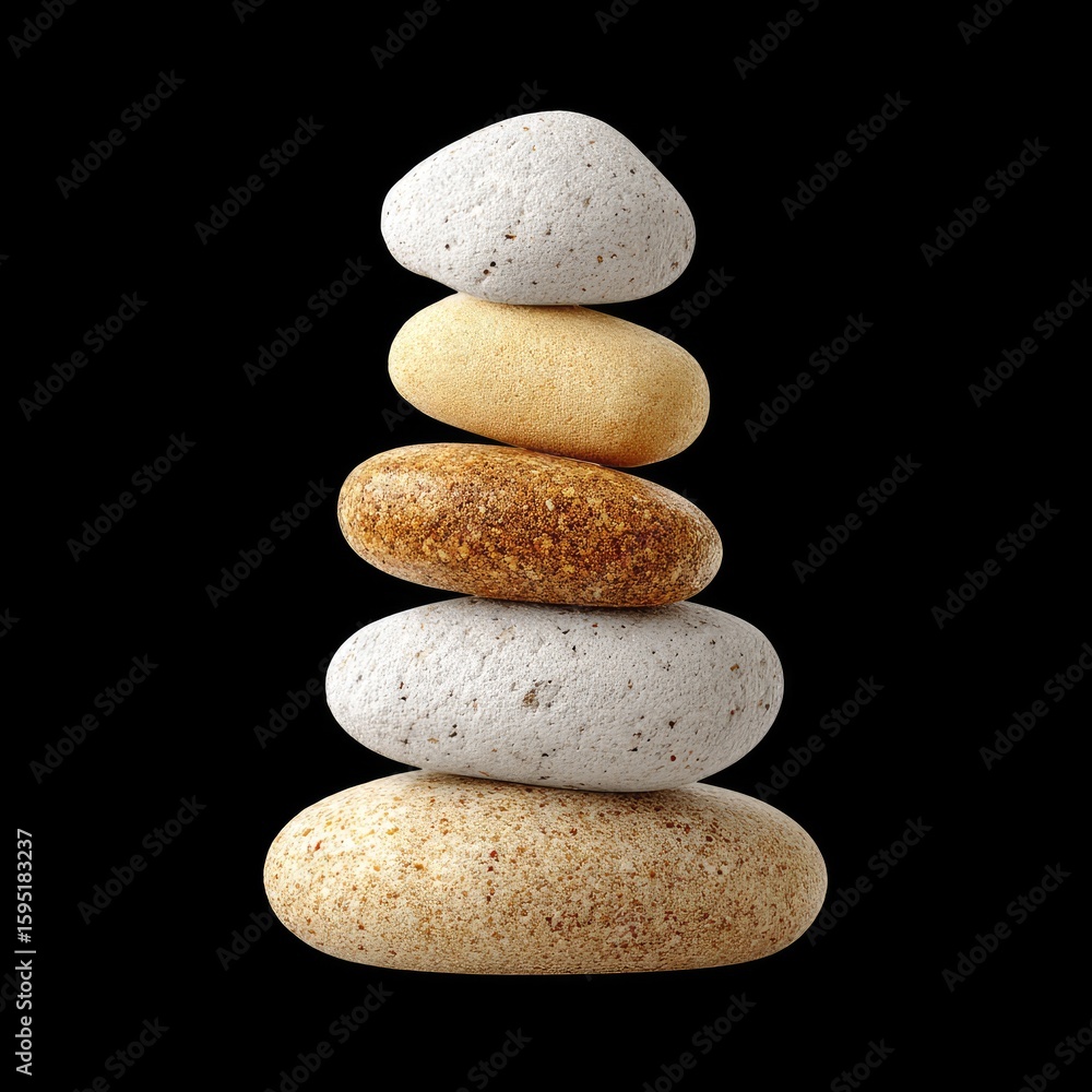 Poster stacked smooth pebbles in different shades on black background symbolizing balance and serenity in n