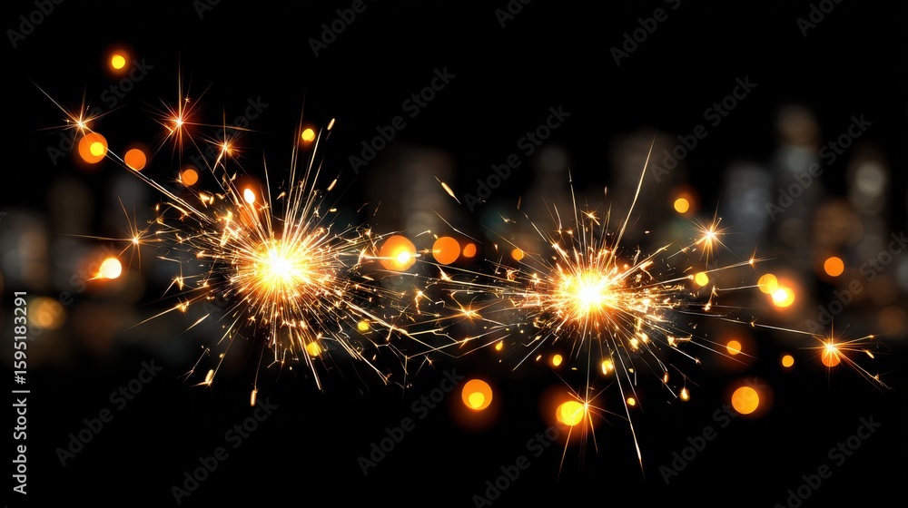 Poster two sparklers ignite against a dark background, creating bright sparks and glowing orbs with dynamic