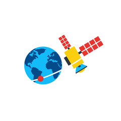 Fototapeta premium Satellite orbits earth illustration in blue yellow and red against white background.