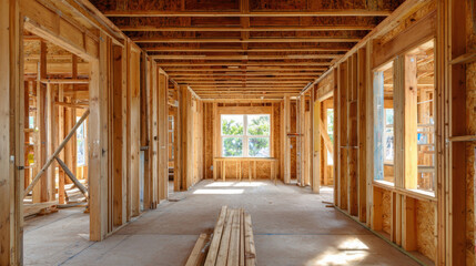 The interior of an unfinished house with wooden frame walls being built, showcasing the construction process and materials used for home building. 3d illustration.