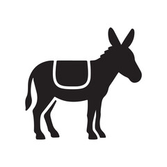 Fototapeta premium A black silhouette of a donkey with a saddle standing on a white background in a simple graphic style
