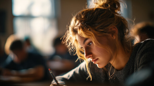 A female student looks bored in class, resting her head on her hand with a tired expression, capturing a moment of distraction and lack of interest during a school lesson.