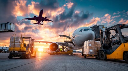Efficient cargo operations at airport with airplane unloading goods at sunset