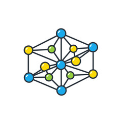 Abstract illustration of interconnected blue yellow and green spheres with lines.