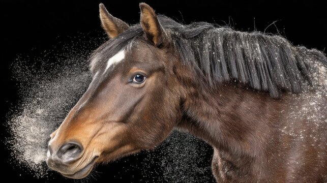 A close-up of a brown horse with a white star marking on its forehead, kicking up dust against a dark background
