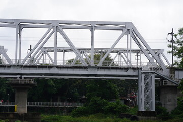 A steel truss railway bridge, with the presence of lush greenery