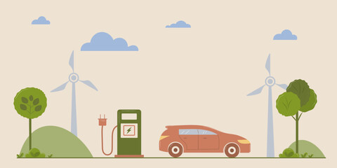 Illustration of electric vehicle charging at green energy station with wind turbines and trees promoting sustainable transport. Vector art