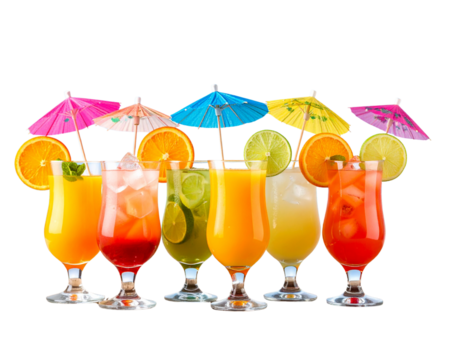  Vibrant Summer Cocktails with Citrus and Umbrellas on Wooden Table, Coastal Vibe, Isolated PNG